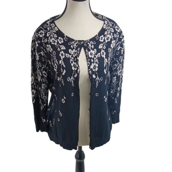 Elementz Cardigan Sweater Black White Floral Classic Button Down Womens Size M - Picture 1 of 8